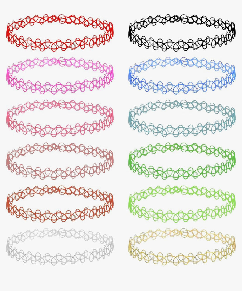 12 Pcs Multi-Color Tattoo Necklaces, 90s Fashion Lace Clavicle Chain, Elastic Stretchable Black Choker, Gothic Accessories for Women Lady Girls