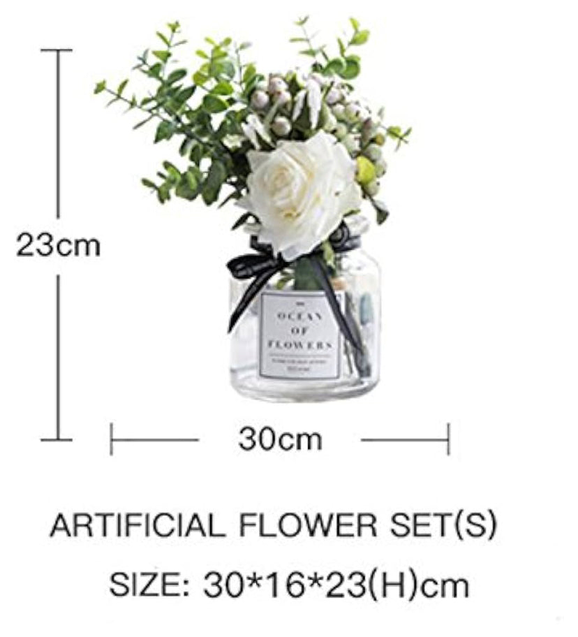 Ins Style Vase with Artificial Flower Set 1 Piece Fake Rose Berry Leaf Floral Flower Arrangement Glass Rose (White S)