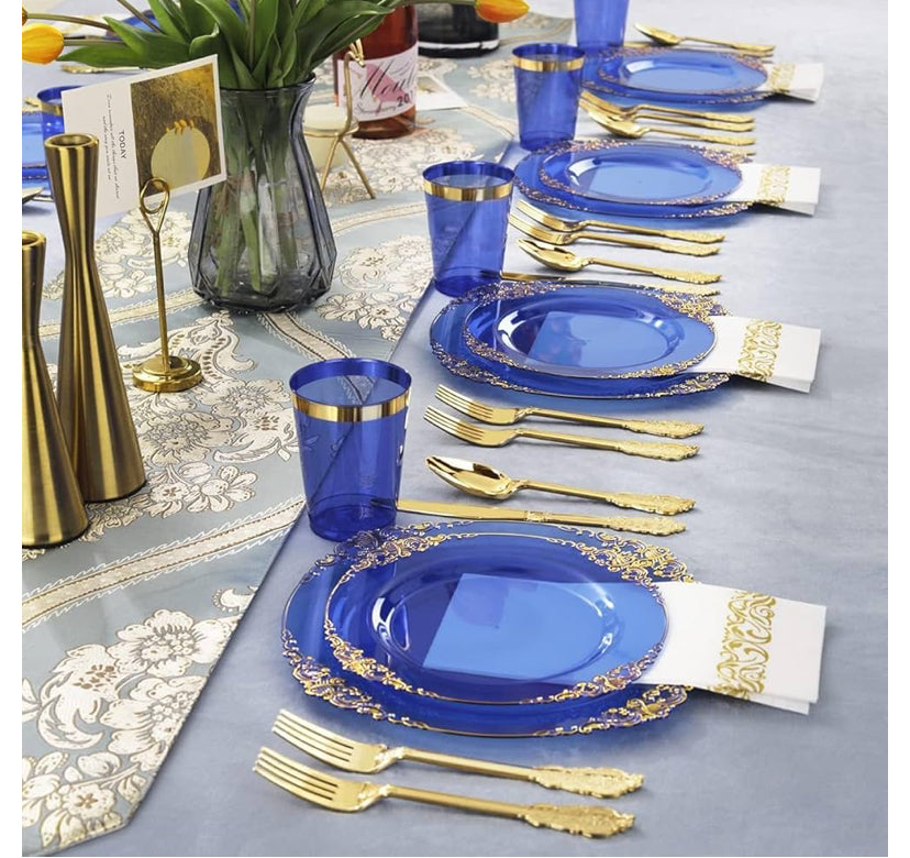 LATERN Multi-Use Blue and Gold Plastic Dinnerware Set, 25 places