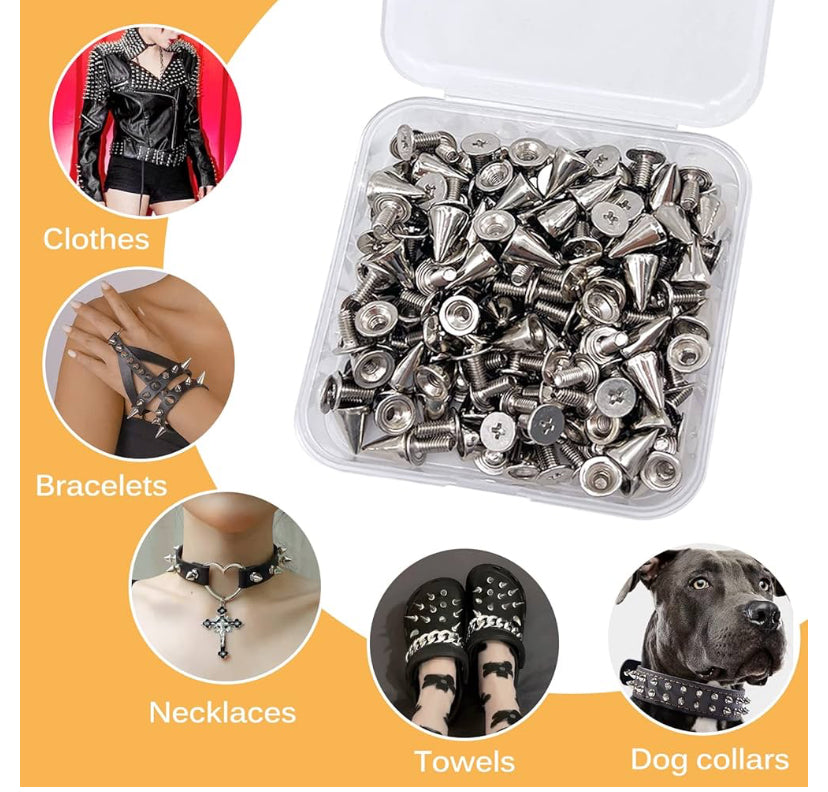 100 Pieces Cone Spikes Studs Rivets Metal Bullet Cone Spikes with Screwbacks Metal Cone Spikes Screwback Studs Leather Spikes Rivets Clothing Decoration Silver