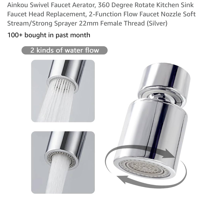 Ainkou Swivel Faucet Aerator, 360 Degree Rotate Kitchen Sink Faucet Head Replacement,