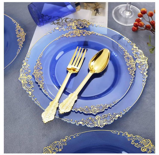 LATERN Multi-Use Blue and Gold Plastic Dinnerware Set, 25 places