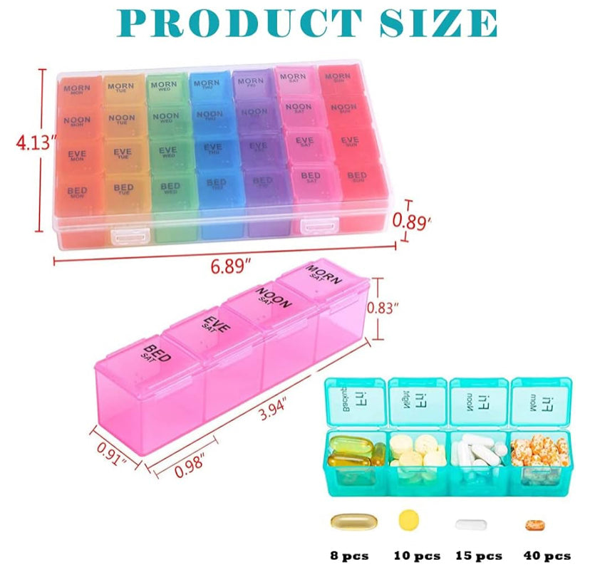 High Capacity Weekly Pill Box/Organiser 7 Day 4 Times A Day, with 28 Copartments to Hold Plenty of Medication, Vitamins and Supplements