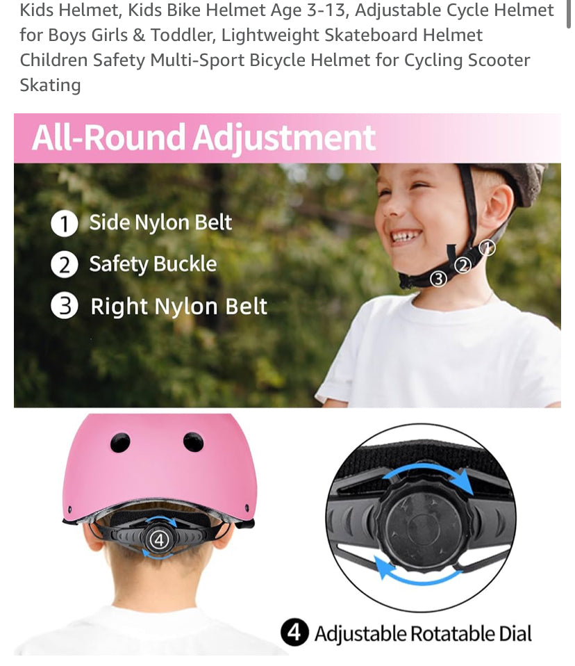 Adjustable pink Kids bike helmet 3-13years