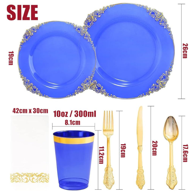 LATERN Multi-Use Blue and Gold Plastic Dinnerware Set, 25 places