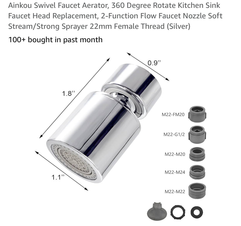 Ainkou Swivel Faucet Aerator, 360 Degree Rotate Kitchen Sink Faucet Head Replacement,