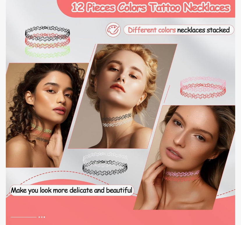 12 Pcs Multi-Color Tattoo Necklaces, 90s Fashion Lace Clavicle Chain, Elastic Stretchable Black Choker, Gothic Accessories for Women Lady Girls