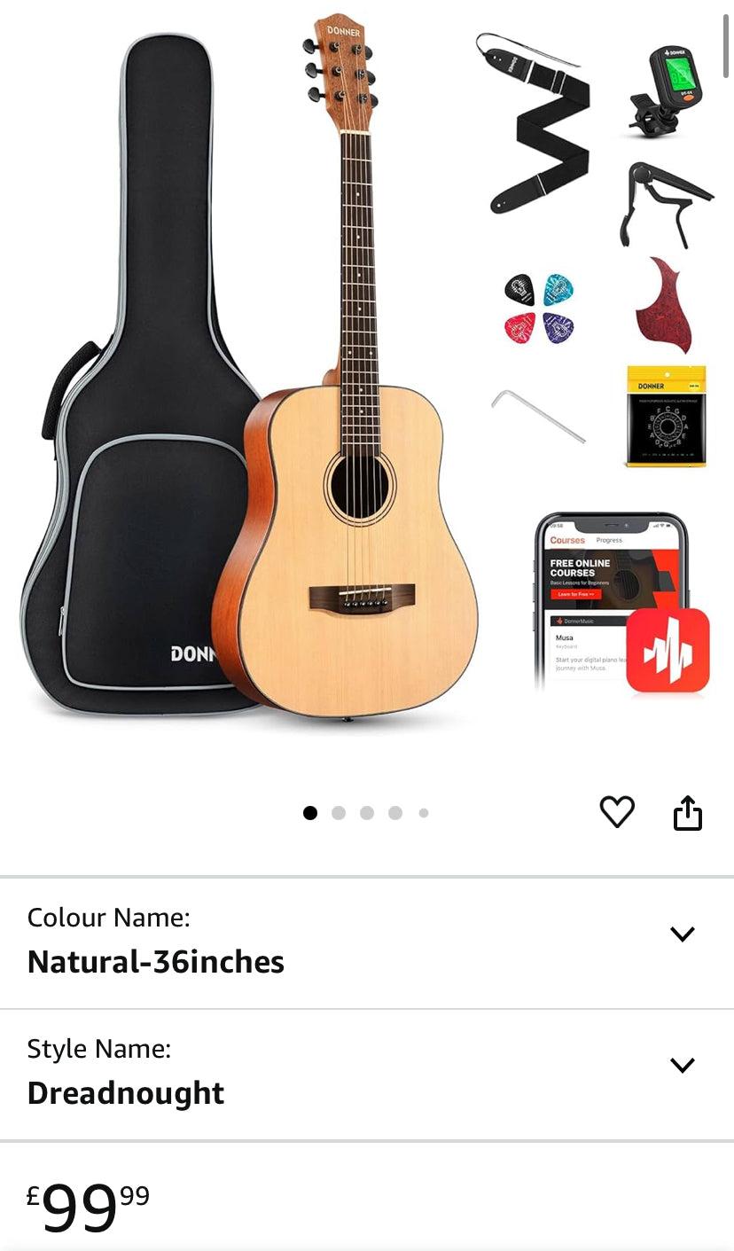 Donner Acoustic Guitar 3/4 Guitar Beginner Dreadnought 36 Inch Guitar Starter Kit With Bag Capo Tuner Strap String Guitar Picks(Natural)- comes with accessories and storage bag - 
box not perfect contents are