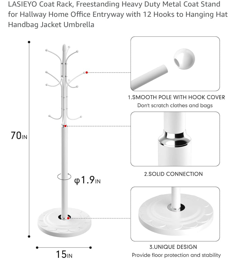 LASIEYO Coat Rack, Freestanding Heavy Duty Metal Coat Stand for Hallway Home Office Entryway with 12 Hooks to Hanging Hat Handbag Jacket Umbrella RRP £56