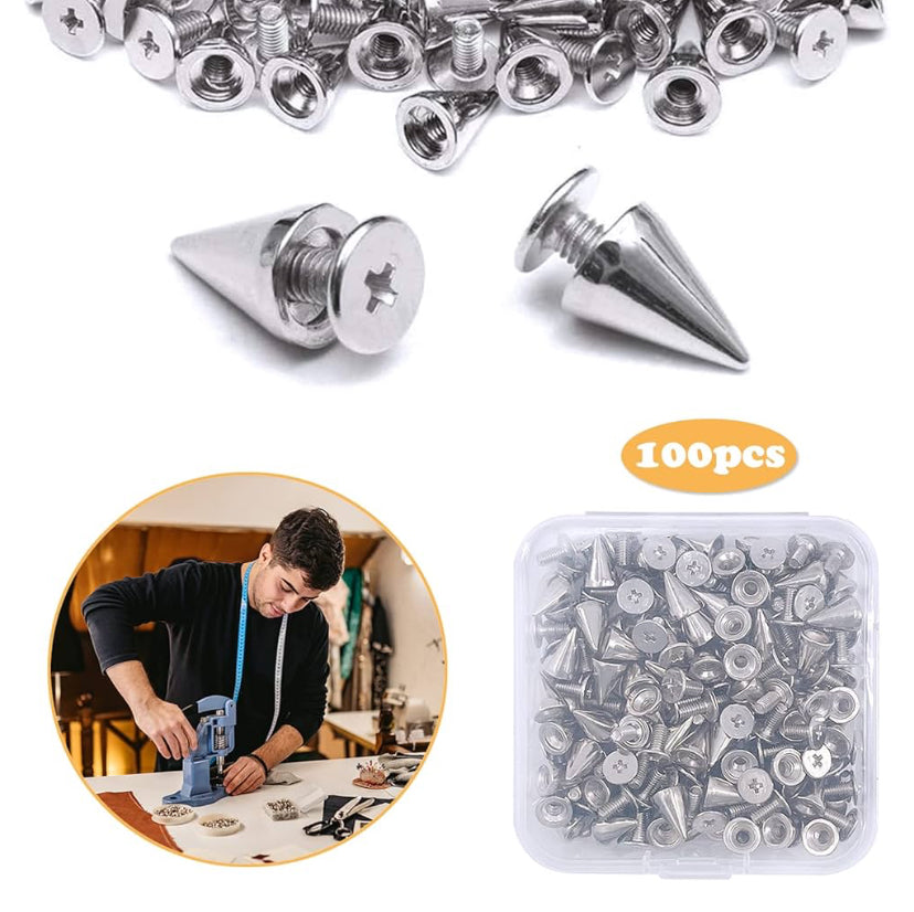 100 Pieces Cone Spikes Studs Rivets Metal Bullet Cone Spikes with Screwbacks Metal Cone Spikes Screwback Studs Leather Spikes Rivets Clothing Decoration Silver