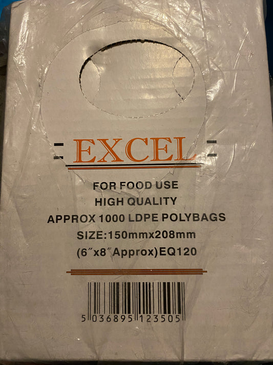 1000 x Excel food grade poly bags 6” x8”